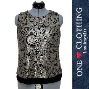 One Clothing Gold Sequin Sleeveless Blouse Key Hole Back Sheer Lining Top Sz: L